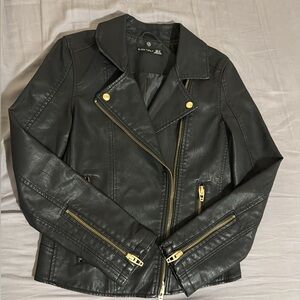 Black Faux Leather Moto Jacket with Gold Zippers & Hood – Size XS